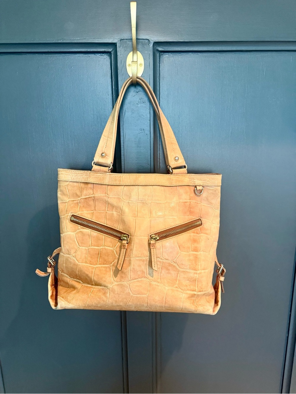 Dooney & Bourke Tan Croc-Embossed Leather Tote with Zip Pockets